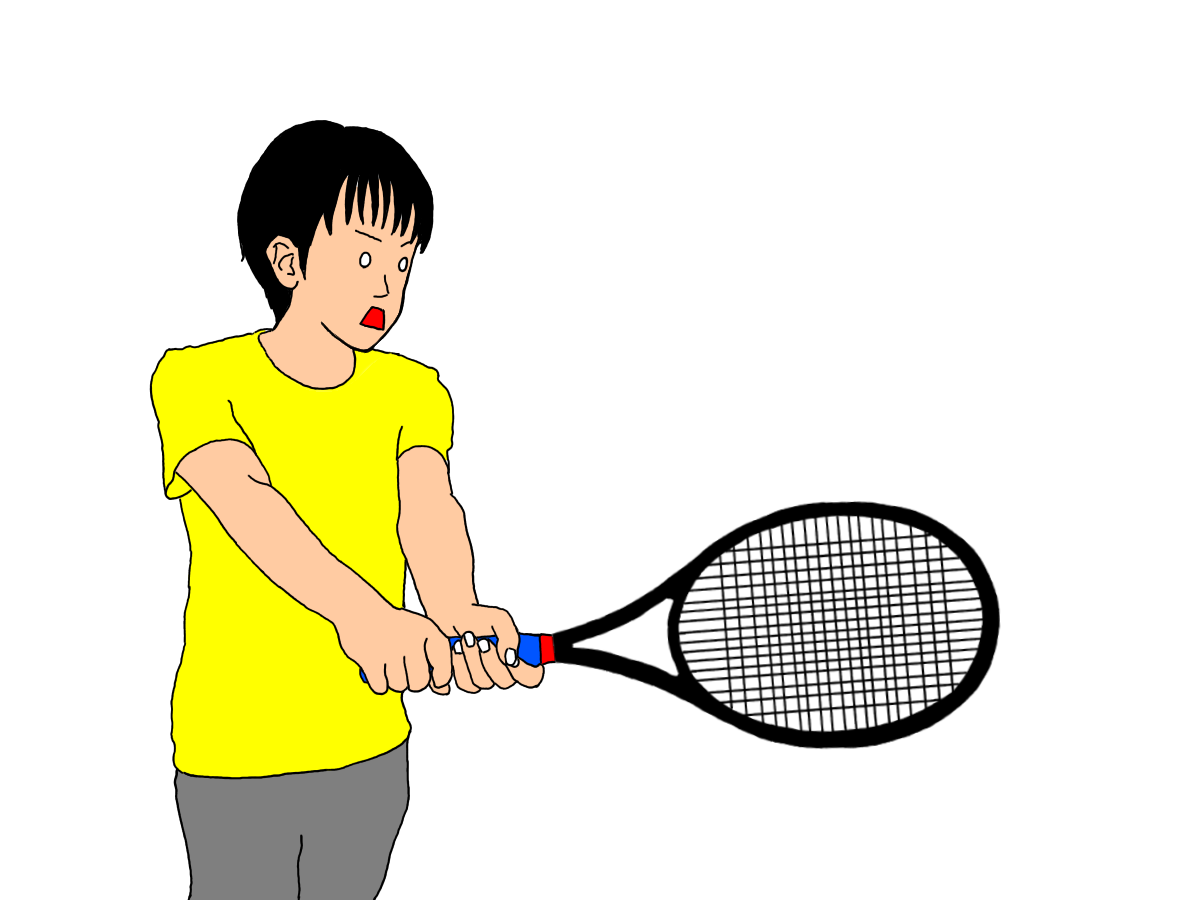 テニスの両手打ちバックハンドストロークの利き手がバックハンドよりのグリップの場合。